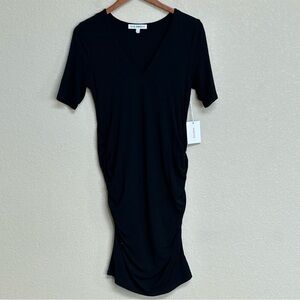 NWT Good American Black V-Neck Short Sleeve Side Ruched Jersey Midi Dress Size 4